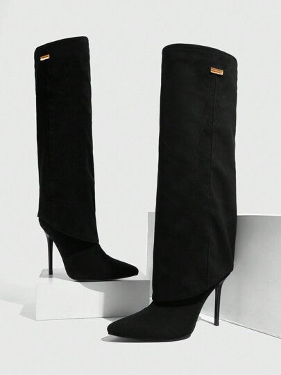 CUCCOO SZL بوت نسائية سوداء من الجلد المدبوغ بنعل عريض ذات كعب إبره عالي وأصبع مدبب للركبة، للاستخدام في عيد الميلاد ورأس السنة الجديدة