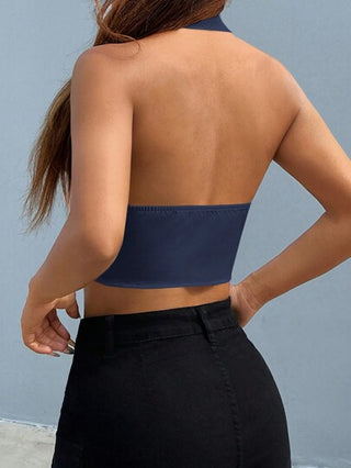 EZwear سترة نسائية أزرق داكن من النسيج المنسوج، ذات طول قصير وظهر مكشوف