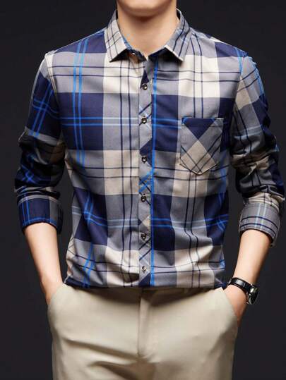 قميص رجالي بأكمام طويلة ذو نقشة مربعات، سحاب كامل، مناسب للملابس الرسمية ، موسم الخريف/الشتاء