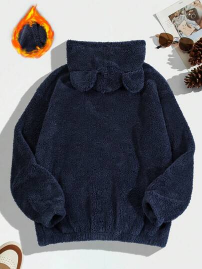 Manfinity Hypemode سترة رجالية بغطاء رأس على شكل أذن ضخم ثلاثي الأبعاد، بأكمام طويلة، من نسيج القطيفة المُزدوج الوجه، هوودي مناسب للخريف