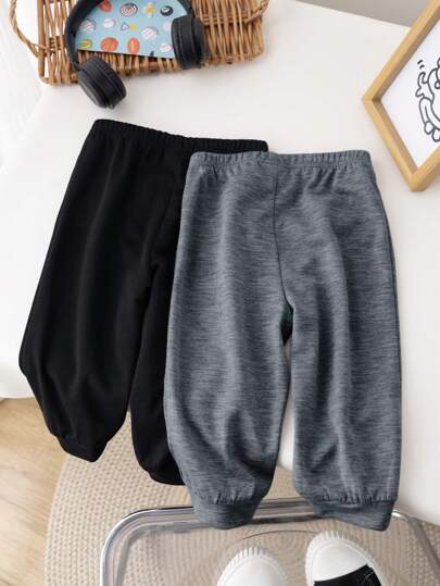 SHEIN مجموعة بنطلونات صبي/فتاة رضيع 2 قطعة لون سادة مطاطي الخصر مناسبة للاستخدام اليومي