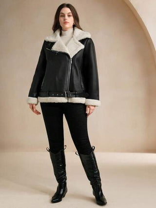 Anewsta معطف كاجوال مقاس كبير للنساء في فصل الشتاء مصنوع من لحمات وتريمات فراء عند الياقة مع سحاب