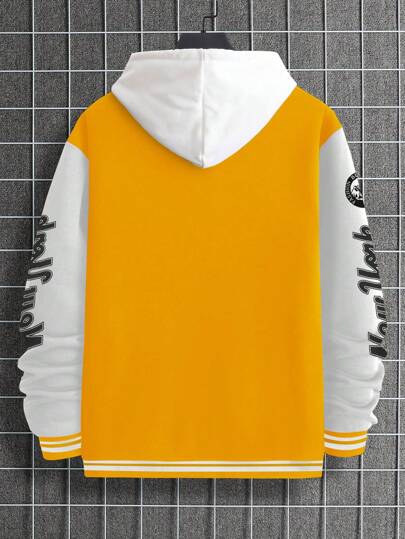 Manfinity Sporsity جاكيت قطني كاجوال بأكمام طويلة مزخرف بشعار وتباين ألوان، موسم الخريف