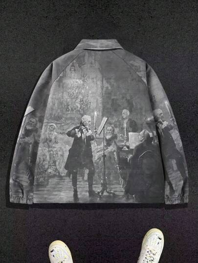 معطف كاجوال كامل الطباعة ذو طوق عمودي خفيف للرجال، الربيع والخريف