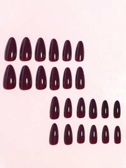 24 قطعة/عبوة أظافر بشكل اللوز لون أحمر داكن برونزي غامق بتصميم بسيط وبسيط، قابلة للإزالة، مناسبة للاستخدام اليومي والسهرات والمناسبات