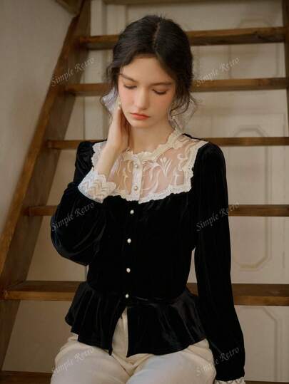 Simple Retro قميص نسائي من الأبيض بالياقة العمودية وقطع من الدانتيل والقطيفة