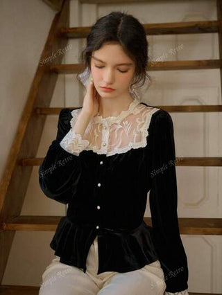 Simple Retro قميص نسائي من الأبيض بالياقة العمودية وقطع من الدانتيل والقطيفة