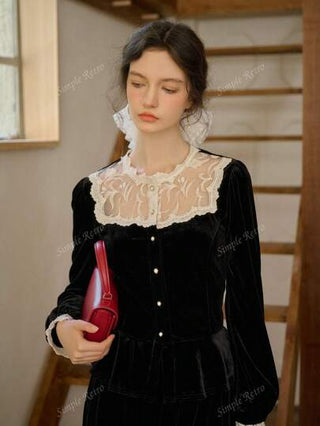 Simple Retro قميص نسائي من الأبيض بالياقة العمودية وقطع من الدانتيل والقطيفة