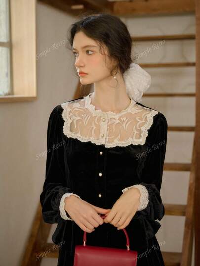 Simple Retro قميص نسائي من الأبيض بالياقة العمودية وقطع من الدانتيل والقطيفة