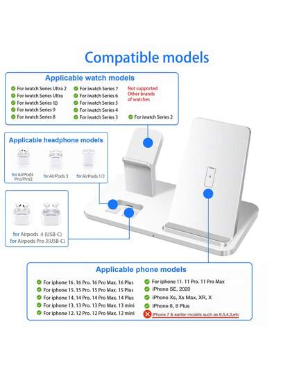 محطة شحن سريعة لأجهزة متعددة - 15 واط 3 في 1 شاحن لاسلكي قائم متوافق مع آيفون 16/15/14/13/12/11/برو/ماكس/إكس إس/إكس آر/إكس/8/زائد، متوافق مع ساعة 10/9/8/7/6/5/4/3/2/SE/ألترا، متوافق مع برو2/برو/3/2/1 متوافق مع آيفون، متعدد الأجهزة متوافق مع آيفون 16 15 14