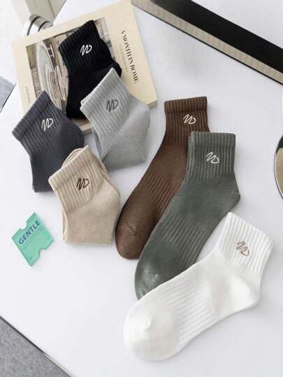 طقم جديد بسيط مطرز 7أزواج/مجموعة جوارب زورق منخفضة الخصر للرجال، متعدد الألوان، للجيم