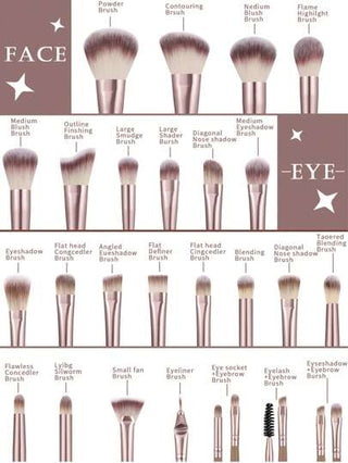 44/39 قطعة طقم كامل أدوات فرش ماكياج وإسفنجة. يشمل 25 قطعة فرش ماكياج, 3 قطع مجموعة إسفنجة ماكياج للاستخدام في الحالة الجافة والرطبة, 4 قطع إسفنجة ماكياج بشكل مثلث للوجه, 1 قطعة وعاء لتنظيف فرش الماكياج, 3 قطع بودرة دائرية