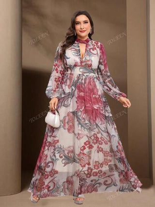 فستان صيفي ذو أكمام طويلة بتصميم مقصوص عند الخصر وربط خلفي، بطباعة زهرية كاملة للنساء ذوات الحجم الكبير