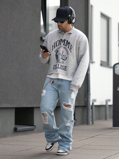 جينز كاجوال مستقيم الساق مهترئ عصري للرجال