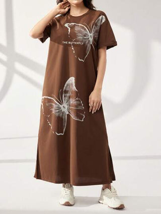 Mulvari فستان نسائي كاجوال فضفاض بأكمام قصيرة مطبوع بتصميم الفراشات، مناسب للاستخدام اليومي في فصل الصيف