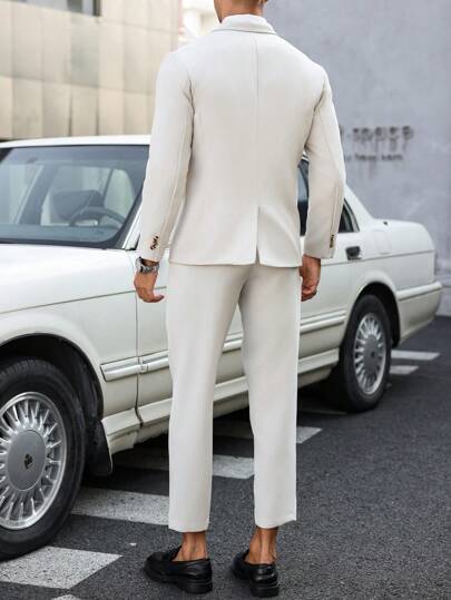 Manfinity Mode ثوب رجالي من قطعتين ذو لون أحادي الصدر المزدوج، سروال وبدلة، هدية للحبيب، بذلة رجالي أبيض