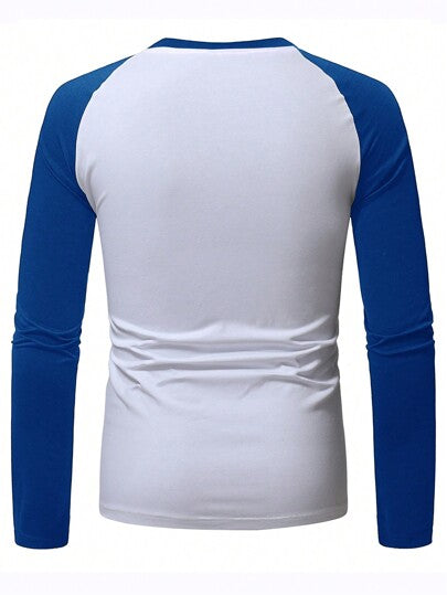 Manfinity Homme تي شيرت تي-شيرت كاجوال للرجال بياقة مستديرة وأكمام راجلان متباينة، خريفي