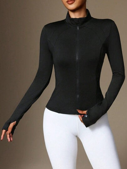 جاكيت رياضة للنساء بسحاب أمامي وثقب الإبهام، قياس نحيف، للخريف