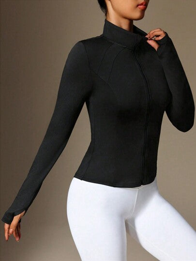 جاكيت رياضة للنساء بسحاب أمامي وثقب الإبهام، قياس نحيف، للخريف