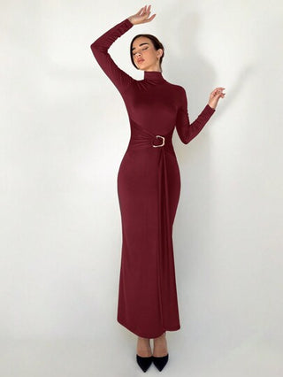 Aloruh فستان جديد رشيق بياقة عالية وأكمام طويلة، منسدل الخصر، متعدد الاستخدامات، مناسب لفصلي الخريف والشتاء