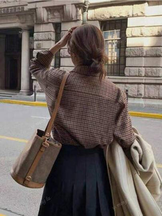 قميص نسائي مريح وكاجوال بنقشة مربعات مع أكمام منسدلة، للخريف، ملابس علوية بأكمام طويلة