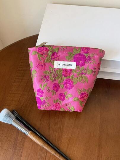 1 حقيبة مستحضرات تجميل ذات نمط زهرة وردية، حقيبة للمرأة لتخزين السدادات الصحية والفوط الصحية و مستحضرات التجميل، محفظة قابلة للحمل لتنظيم وتخزين فرش المكياج ولوازم السفر والدراسة والعطلات الضرورية