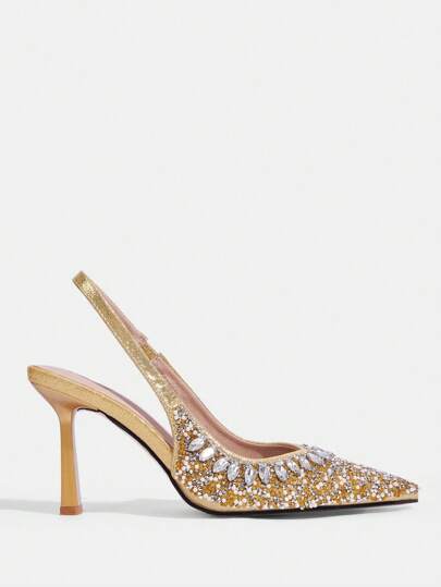 CUCCOO TILAWA صنادل نسائية أنيقة ذات كعب عالي وأصبع قدم مدبب مرصعة بالراين ، باللون الذهبي ، مناسبة للحفلات والأعراس والعطلات الخاصة بعيد الميلاد ورأس السنة الجديدة في فصلي الخريف والشتاء