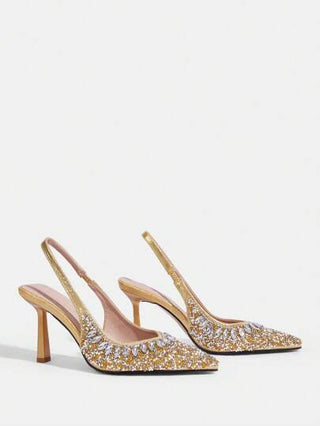 CUCCOO TILAWA صنادل نسائية أنيقة ذات كعب عالي وأصبع قدم مدبب مرصعة بالراين ، باللون الذهبي ، مناسبة للحفلات والأعراس والعطلات الخاصة بعيد الميلاد ورأس السنة الجديدة في فصلي الخريف والشتاء