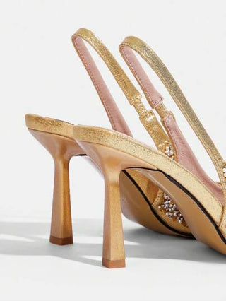 CUCCOO TILAWA صنادل نسائية أنيقة ذات كعب عالي وأصبع قدم مدبب مرصعة بالراين ، باللون الذهبي ، مناسبة للحفلات والأعراس والعطلات الخاصة بعيد الميلاد ورأس السنة الجديدة في فصلي الخريف والشتاء