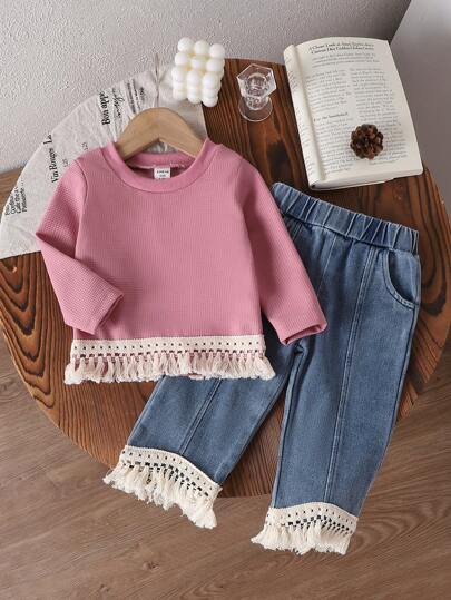 طقم بناتي رضع ملابس علوية أكمام طويلة باللون الأحادي + بنطلون جينز مرصع بالدانتيل