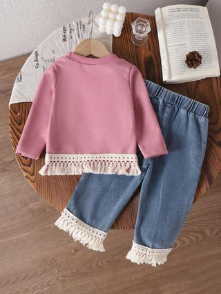 طقم بناتي رضع ملابس علوية أكمام طويلة باللون الأحادي + بنطلون جينز مرصع بالدانتيل