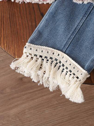 طقم بناتي رضع ملابس علوية أكمام طويلة باللون الأحادي + بنطلون جينز مرصع بالدانتيل