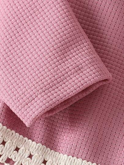 طقم بناتي رضع ملابس علوية أكمام طويلة باللون الأحادي + بنطلون جينز مرصع بالدانتيل