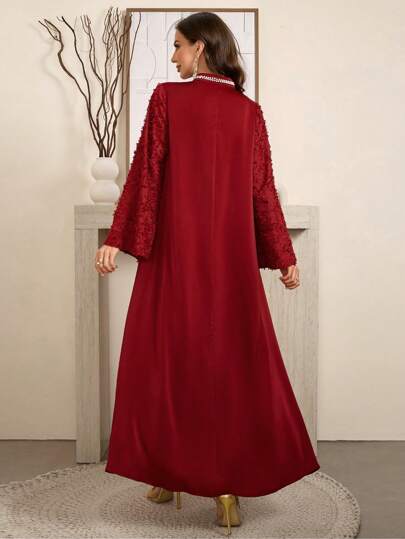 Al Najma فستان نسائي أنيق بأكمام جرس وياقة على شكل حرف V مزين بالؤلؤ الاصطناعي، ذو لون أحمر عنابي، فستان عربي أنيق ومحتشم، قفطان أنيق مصنوع من التكشير والجلامود للسهرات والاستخدام اليومي العادي