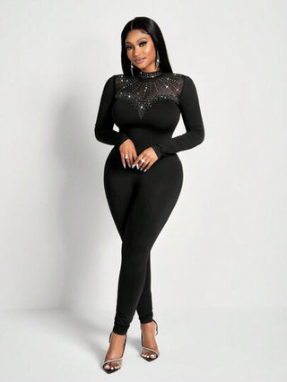 Slaydiva جمبسوت نسائية طويلة الأكمام ضيقة جديدة وجذابة مع تفاصيل ماسية، قلب، وشبكي بياقة ضيقة