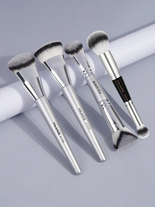 MAANGE 4 قطع من طقم فرش احترافية، فرشاة أساس المكياج، رؤوس مسطحة ومائلة ودائرية، فرشاة بطرفين للبودرة والأنف والظل العيون، فرشاة تبريز إبراز، أدوات مكياج ذات ألياف ناعمة للحمل السهل، فرشاة للسفر، هدية للنساء