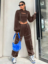 SHEIN EZwear مجموعة رياضية مريحة للنساء مكونة من هوديي وبنطلون رياضي، ذات ترصيع عاكس وسحاب، مناسبة للموسم الانتقالي