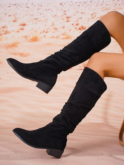 بوت طويلة مدببة الأصابع من القماش المدَلَّك الصناعي للسيدات، تصميم متجعد لأعلى الركبة، بوت أنيقة وبسيطة وسهلة التنسيق للموضة، برقبة قصيرة وكعب سميك مناسبة لجميع المواسمرمضان