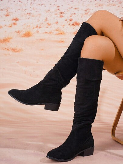بوت طويلة مدببة الأصابع من القماش المدَلَّك الصناعي للسيدات، تصميم متجعد لأعلى الركبة، بوت أنيقة وبسيطة وسهلة التنسيق للموضة، برقبة قصيرة وكعب سميك مناسبة لجميع المواسمرمضان