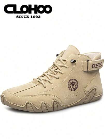 CLOHOO بوت الكاحل اليدوية المخياطة للرجال ب- 8 فتحات للعين من ماركة CLOHOO ، بوت الدراجات النارية العالية للرجال من الجلد