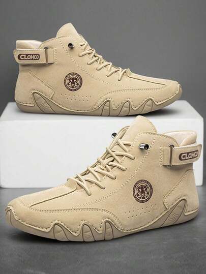 CLOHOO بوت الكاحل اليدوية المخياطة للرجال ب- 8 فتحات للعين من ماركة CLOHOO ، بوت الدراجات النارية العالية للرجال من الجلد