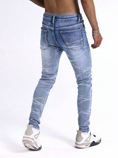 Manfinity Homme جينز رجالي ضيق عادي بجيب بسحاب ولون متباين