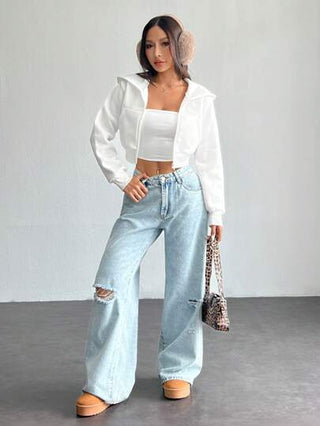 PETITE جاكيت هوديPopover أنيقة، أكمام طويلة لون واحد مع سوستة أمامية وجيب، ارتداء كاجوال يومي، موديلات أنيقة بتفاصيل محدودة