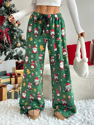 EZwear بنطلون فضفاض ربطة الخصر للنساء ذو طبعة بابا نويل مُزين وفرائي مناسب للشتاء