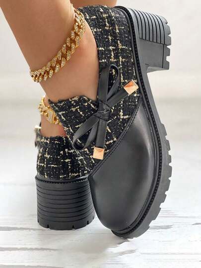 أحذية نسائية كعب عالي رسمية للخريف والشتاء، لها رقعات من التويد باللون الأسود كتل ديكور الفوت مع فيونكة، تصميم أكسفورد بنعل سميك وطراز عتيق