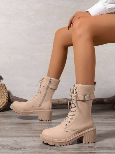 بوت كاحل نسائية محفزة ذات كعب قصير متوسط الحجم، بوت دراجة نارية جديدة للخريف والشتاء