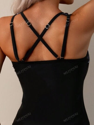 طقم تانكيني حريمي طقم من قطعتين ، ملابس علوية تانكيني مطبوع بطبعات استوائية مجعد بياقة دائرية وسروال طويل كاميني، قابل للتعديل بأشرطة الكتف، للاستخدام في شاطئ الصيف والعطلات