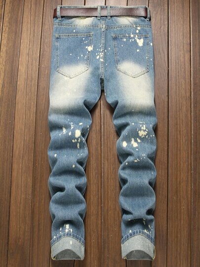 سراويل جينز منتدفة وضيقة، موديل كاجوال شارع، مصنوعة من قماش قابل للتنفس مع جيوب، لون أزرق باهت (بدون حزام)