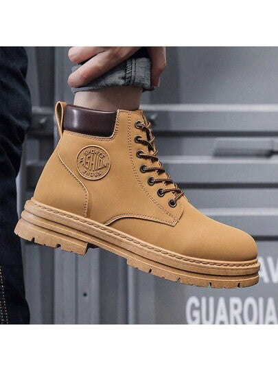 معطف منقوش ، بوت رياضي للرجال عالي الكاحل برباط ، بنسة مستديرة ، بوت كارجو مضادة للانزلاق ، بوت قتالية للصحراء لمناطق خارجية ، بوت جلدية للدراجات النارية ، مناسب لارتداء مع البنطلون الجينز