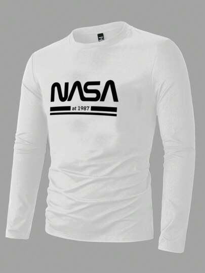 Manfinity Homme تي شيرت كاجوال رجالي بطباعة حرفية، بياقة دائرية، أكمام طويلة، مناسب للخريف